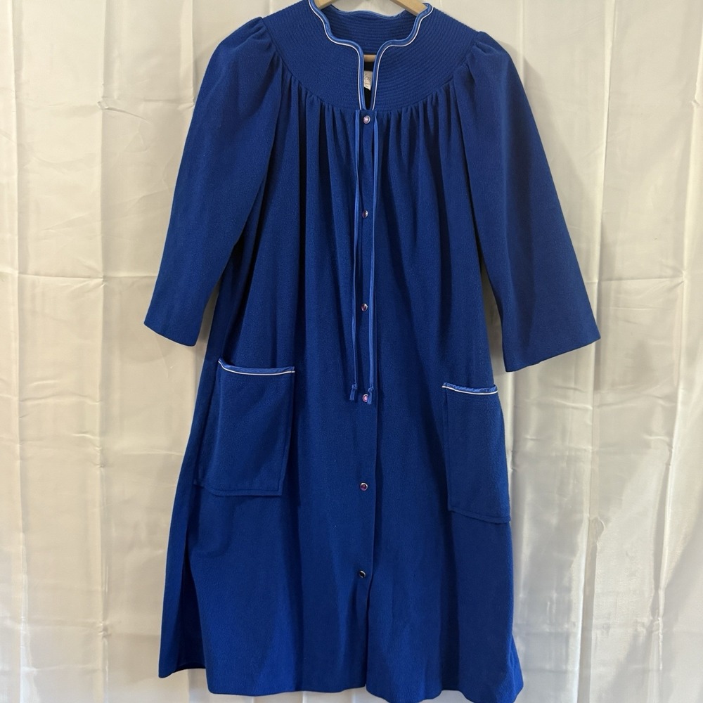 Vintage Vandemere‎ M Robe Blue Evening House Dress Purple Pearl Snap Mumu Modest